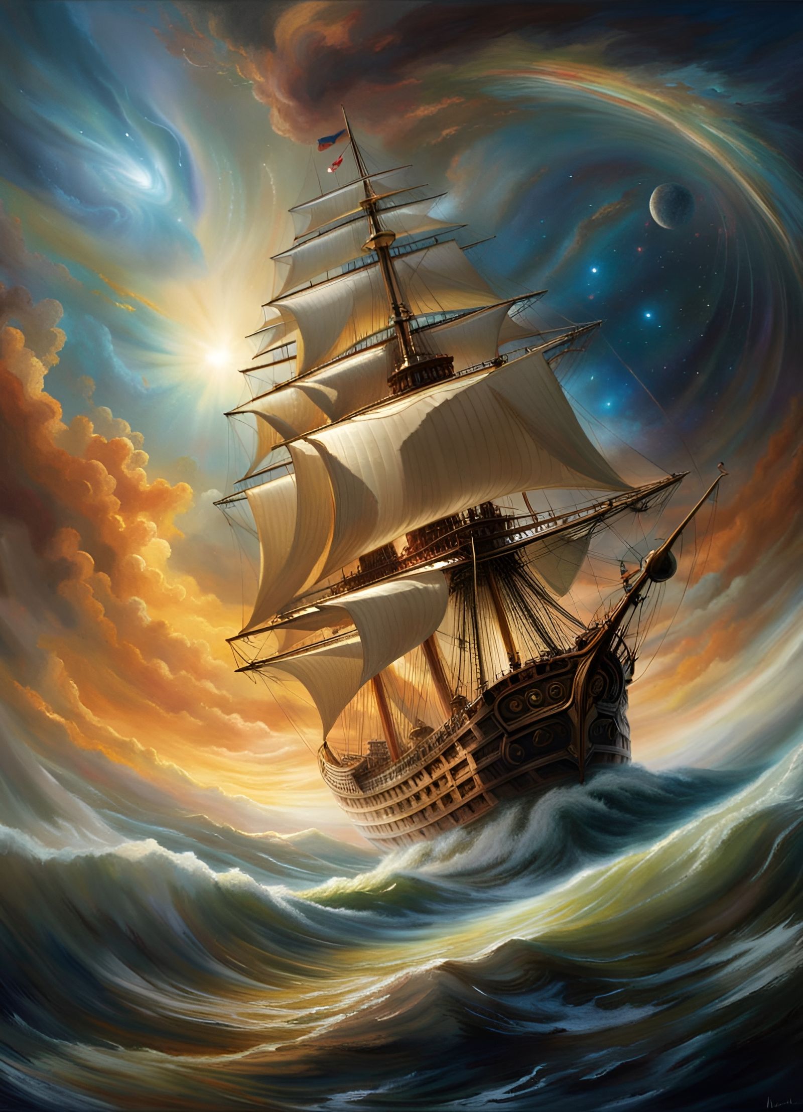 Celestial Sailing Ship Amidst Nebulae, Graffiti Art