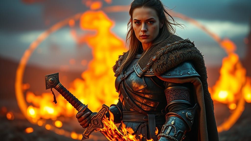 Brynhildr Amid Scorching Flame: Hyperrealistic Charred Armor
