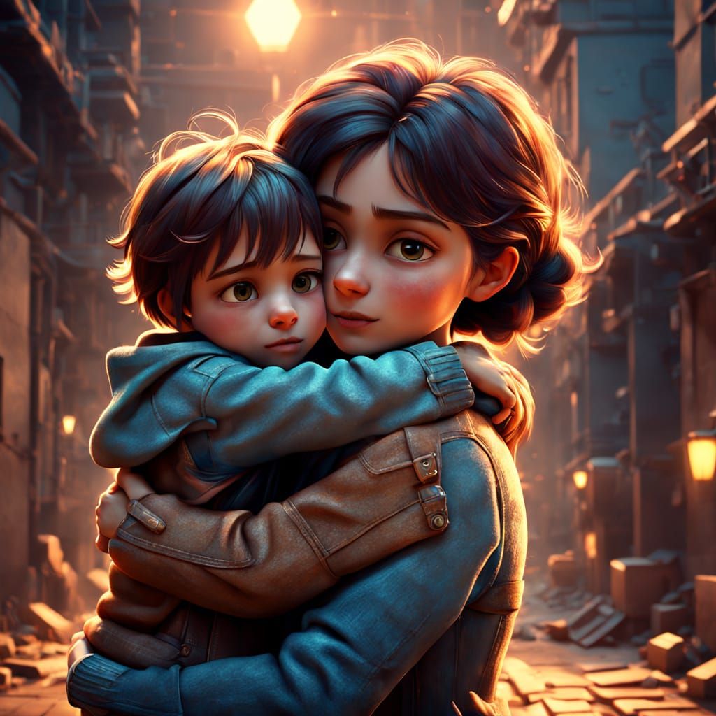 Mother's Warm Embrace in Vibrant 3D Cartoon Style