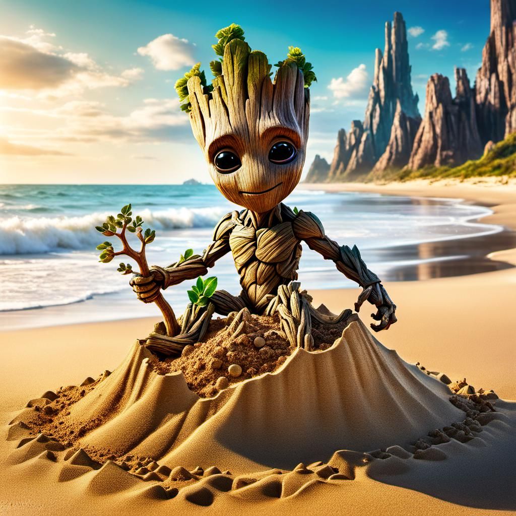 Baby Groot plays on the beach