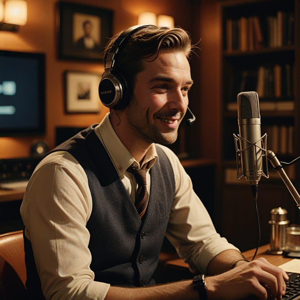 Charismatic Host in a Warm, Inviting Recording Studio