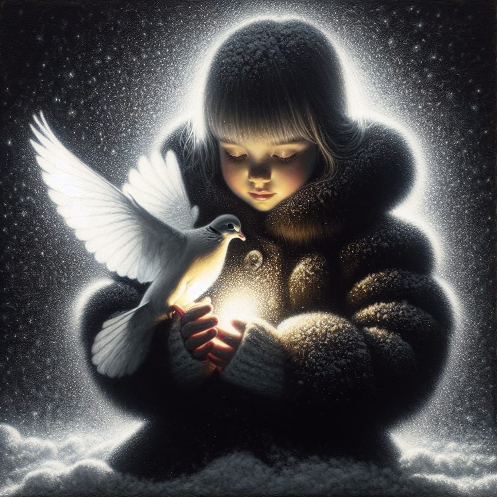 Girl Sheltering Dove in Winter: Ethereal Oil Painting