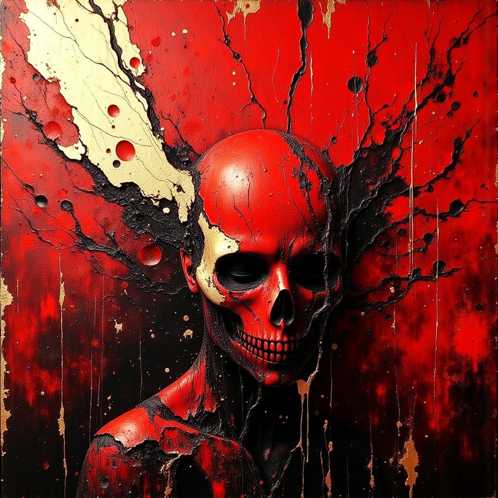 Morbid Gold Leaf Painting with Red Hues
