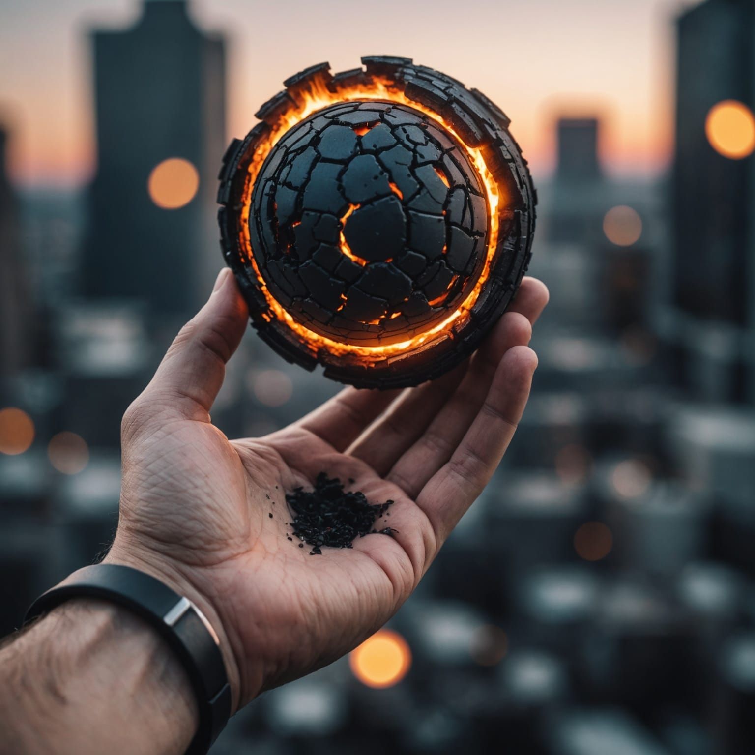 Charred Hand Holding Miniature Surreal Worlds