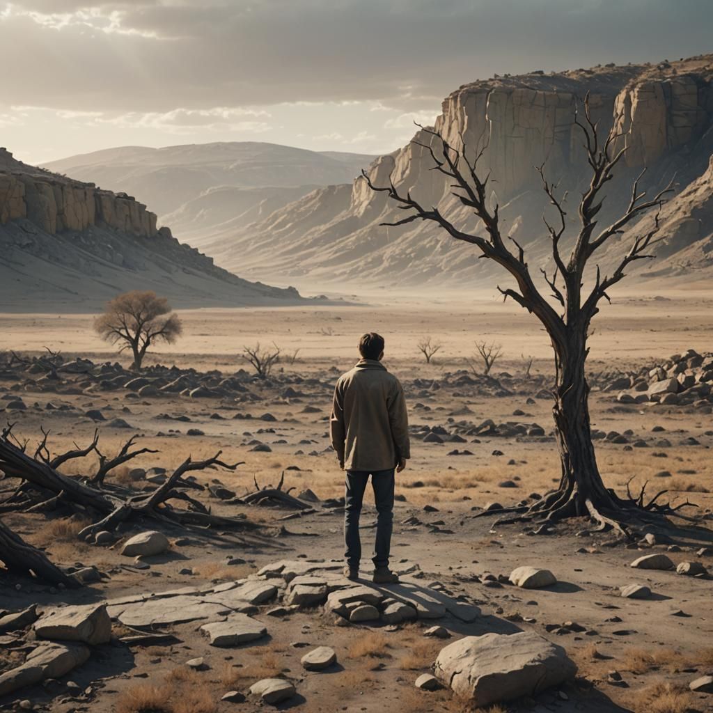 Desolate Man in Barren Landscape: Digital Art