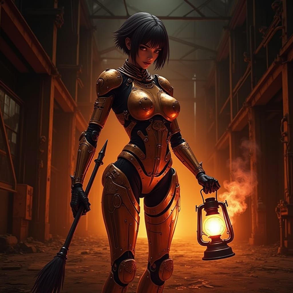 Steampunk Cyborg with Lantern Staff in Anime Style