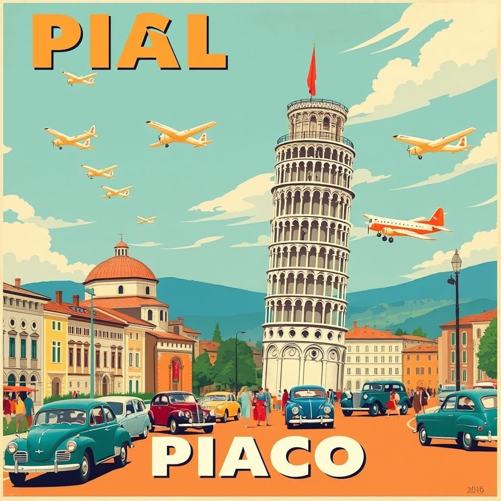 Vintage Travel Poster: Pisa's Leaning Tower