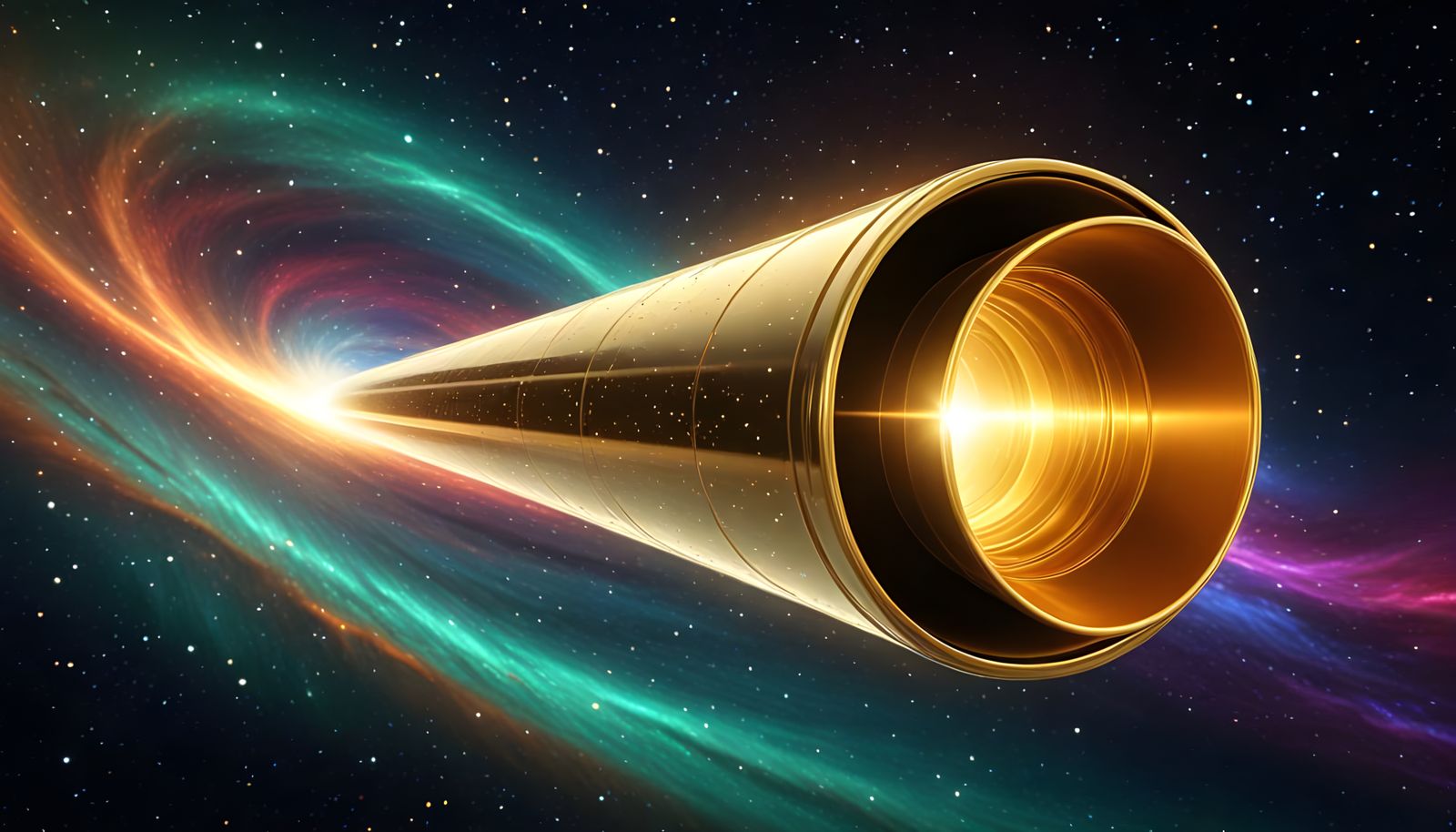 Sleek Golden Cylinder Accelerates Through Cosmic Vortex