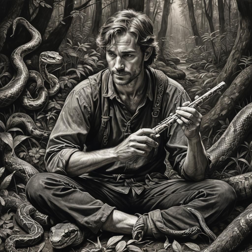 Adam Plays Flute in Charcoal Drawing