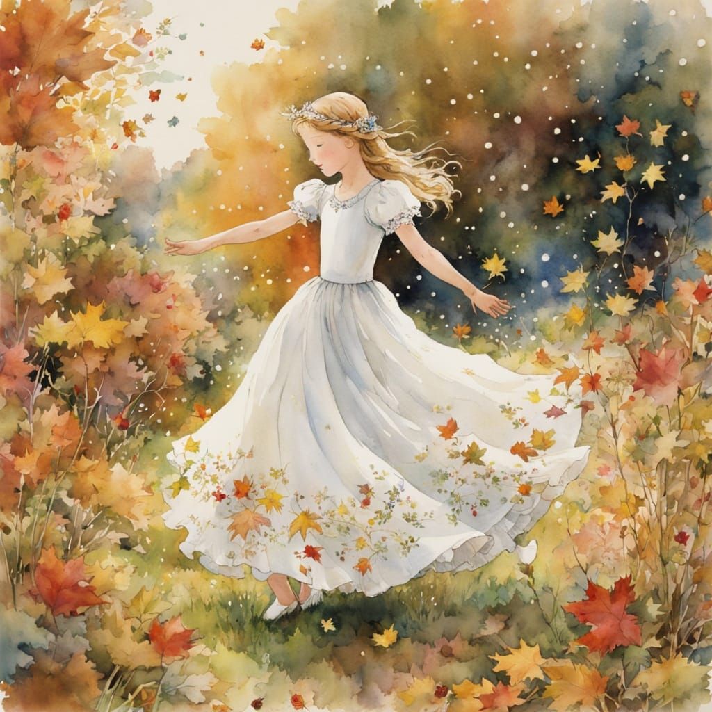 Girl Dancing in Autumn Garden Watercolor Fairytale