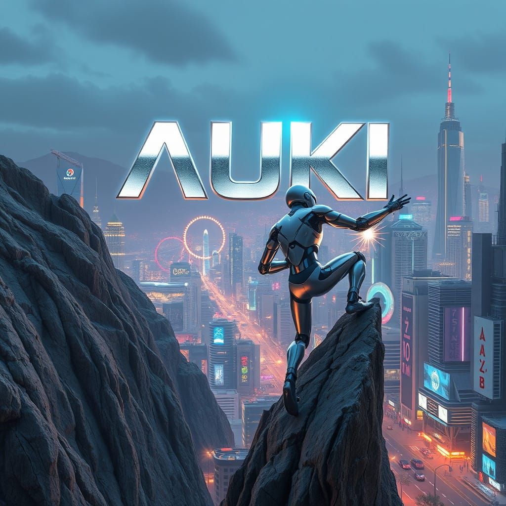 Cyberpunk Robot Ascends Futuristic Mountain in Neon Cityscap...