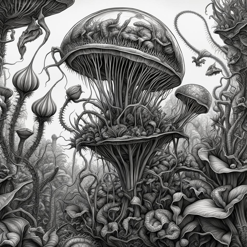 Sci-Fi Biomechanical Venus Flytrap in Ink Drawing Style