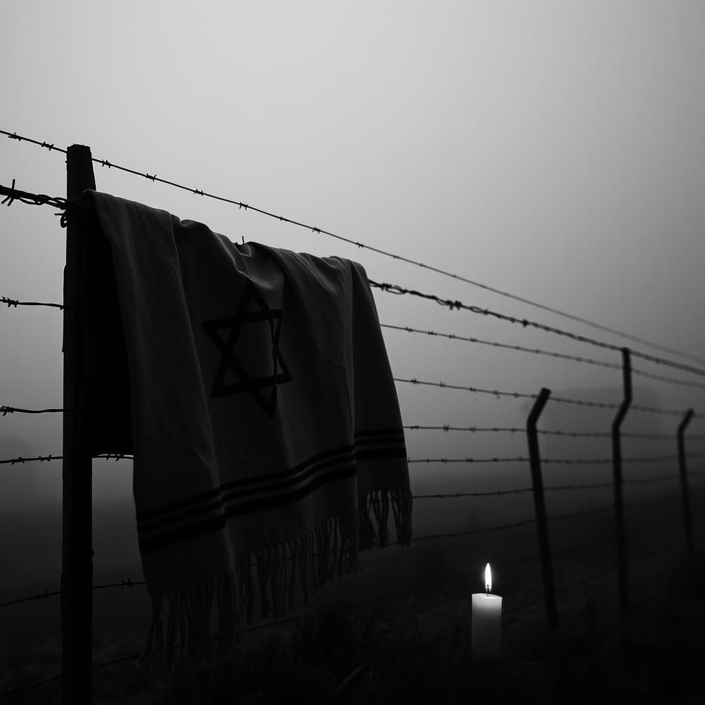 A Worn Jewish Prayer Shawl Draped Over a Barbed Wire Fence i...