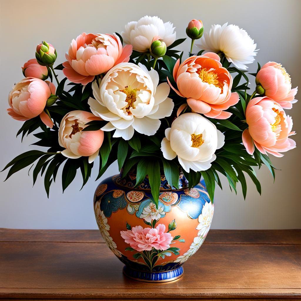 Peonies in Cloisonne Vase: Digital Art