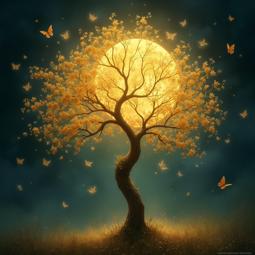 Golden Tree Blossoms with Moonflowers and Butterflies in Eth...