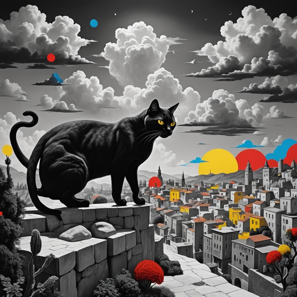 Surreal Cityscape with Oversized Cat, Magritte Style