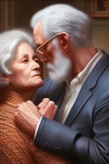 Realistic Portrait of an Elderly Couple Kissing