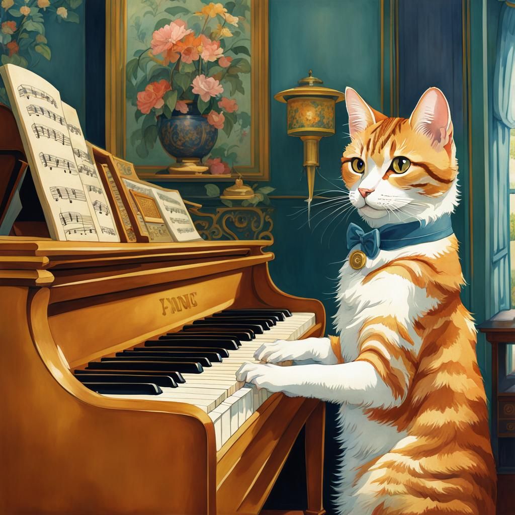 Cat Playing Piano in Art Nouveau Style