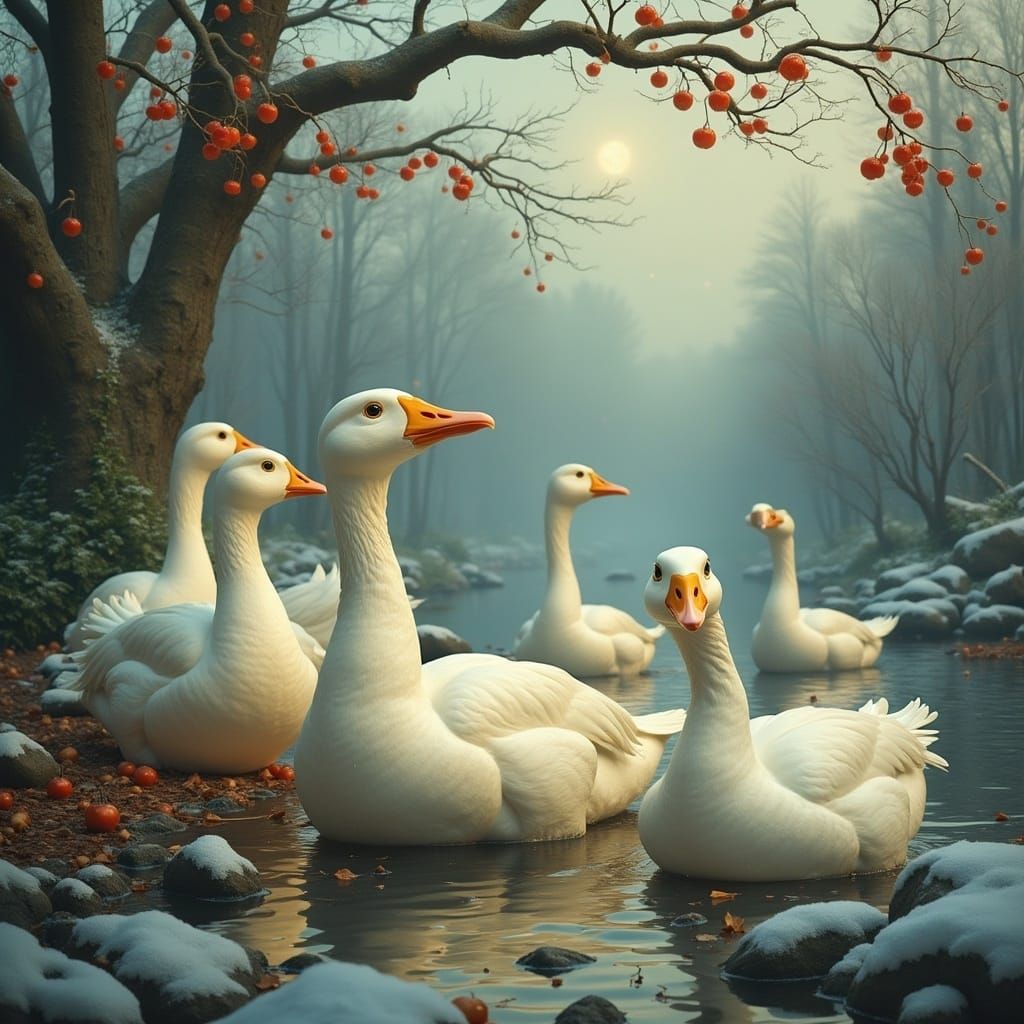 Giant Geese in a Whimsical Christmas Fantasy