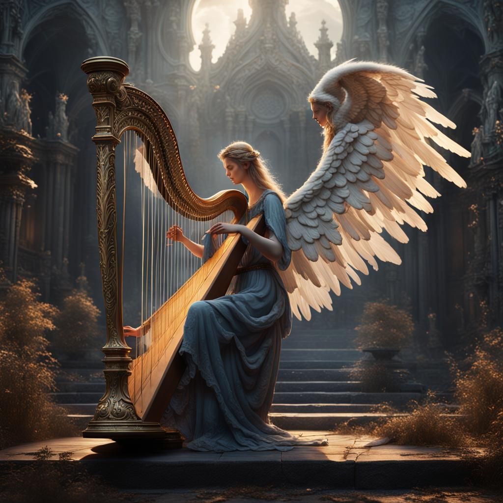 Angel Playing Harp in Detailed Fantasy Art