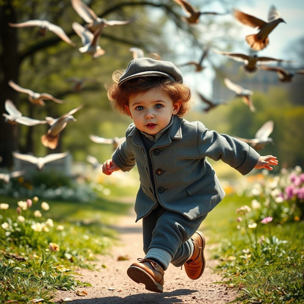 Cherubic Boy Runs in 19th Century Hyde Park with Birds in Sp...