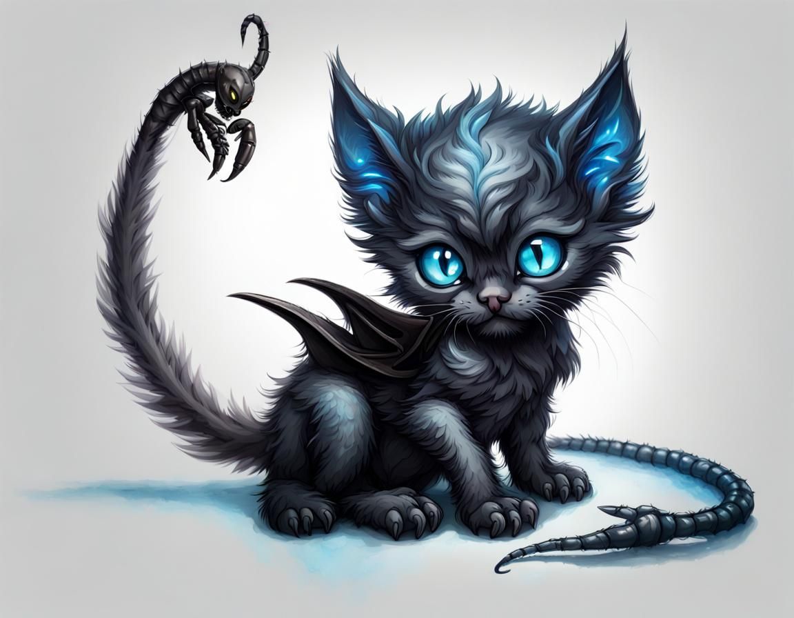 Cute Demon Kitten with Scorpion Tail and Wings