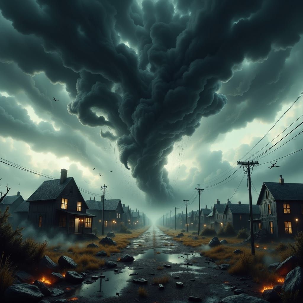 Apocalyptic Tornado Looms Over Distant Town