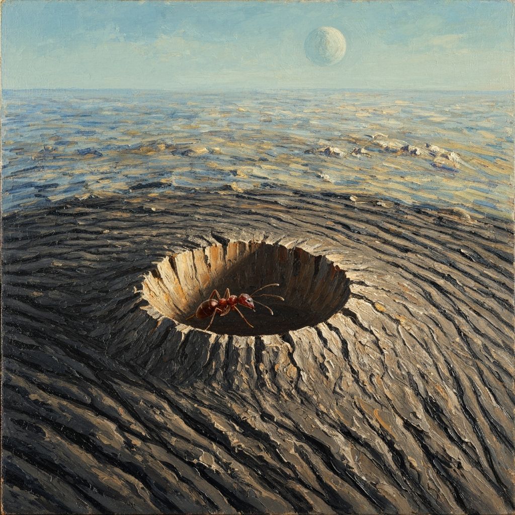 Ant Explores Crater on Elephant Skin Planet in Impasto Style