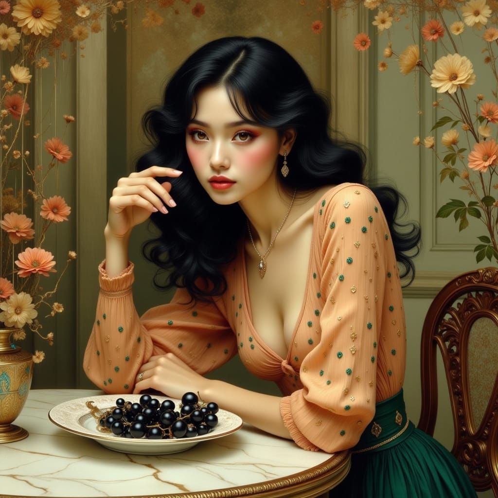 Woman Eating Grapes in Art Nouveau Style