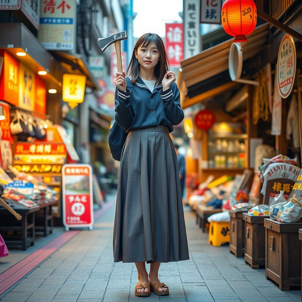 Japanese Student with Axe in Street Market