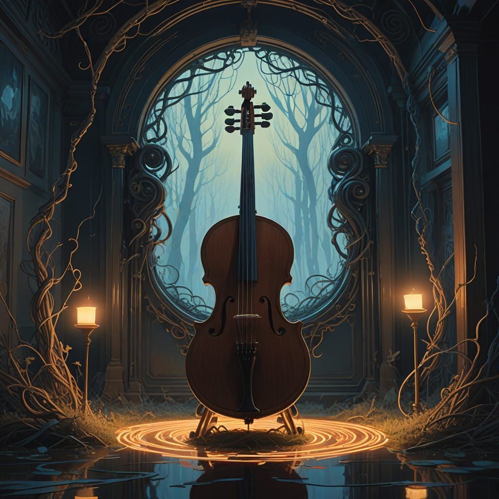 Mystical Lyre Glows in Enchanted Chamber