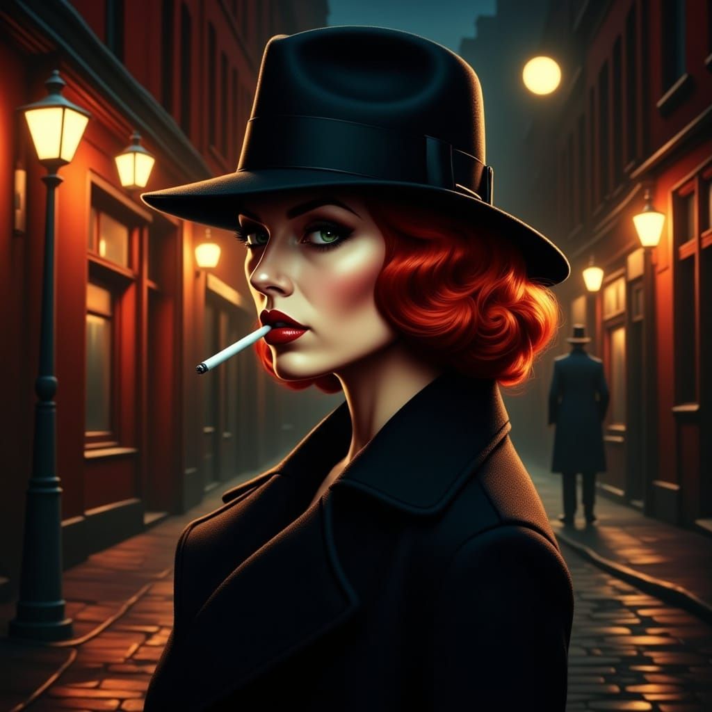 Red Haired Femme Fatale Smoking in Film Noir Style