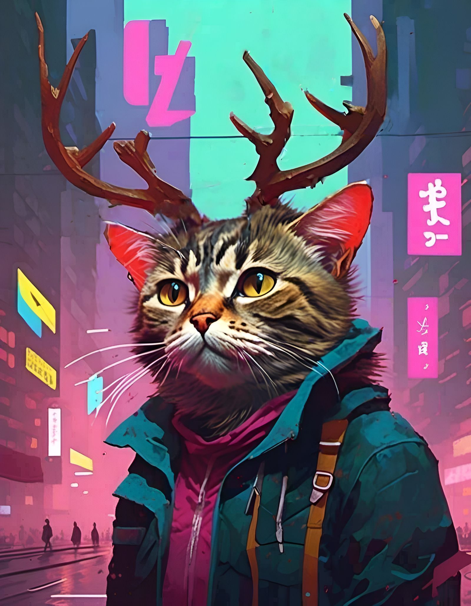 Cyberpunk Antlered Cat Portrait: Detailed Digital Art