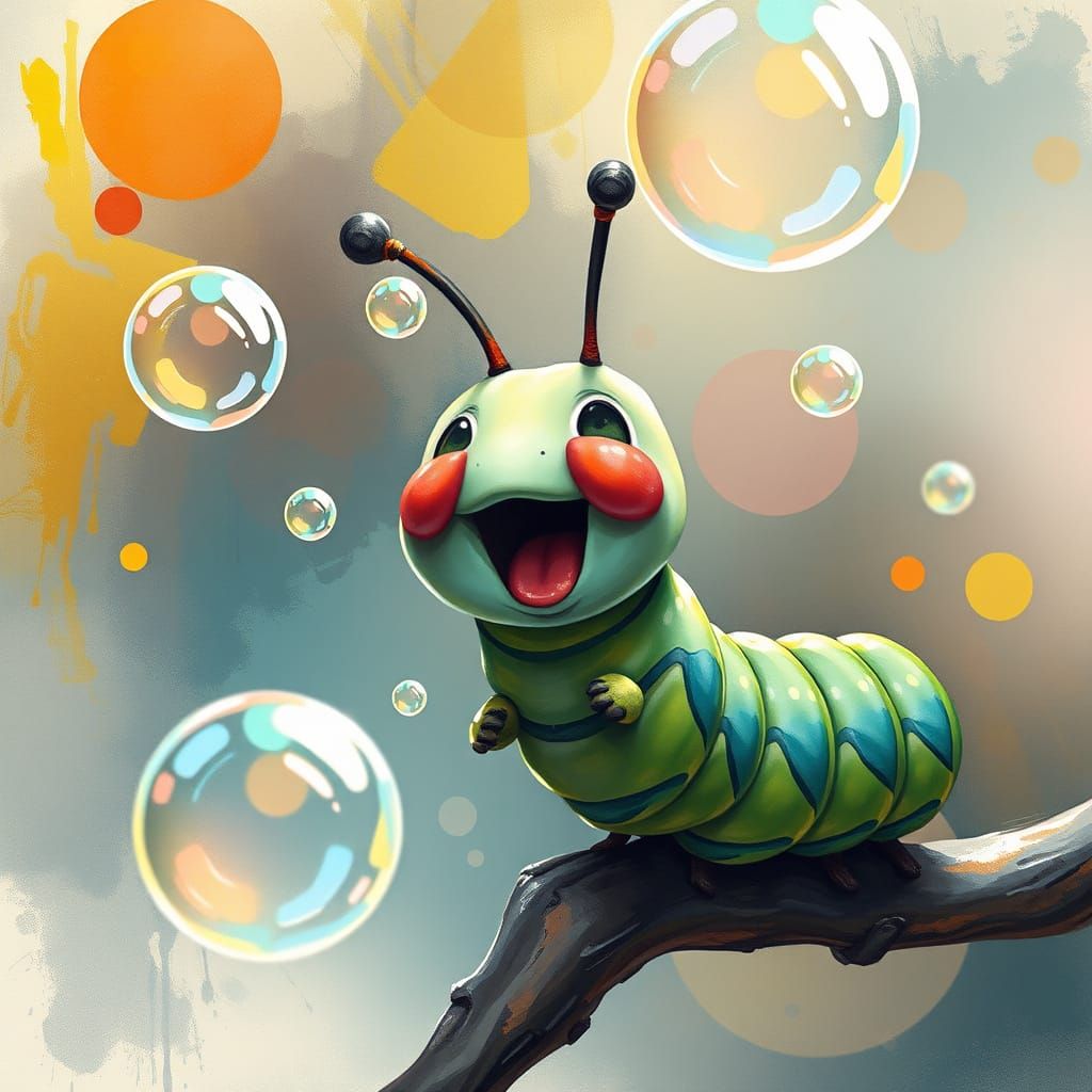 Caterpillar Playing with Bubbles in Anime-Inspired Charcoal ...