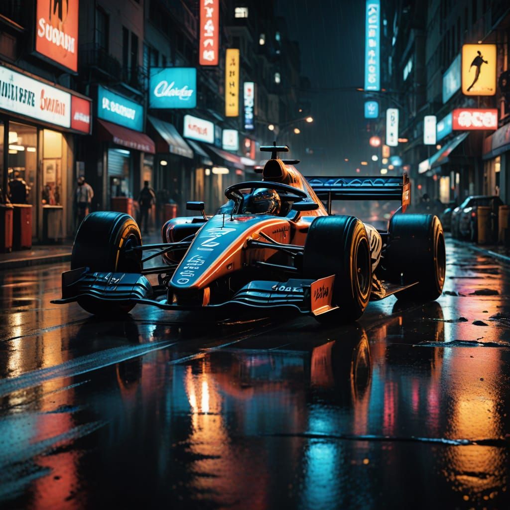 F1 Car Drifts City Street at Night