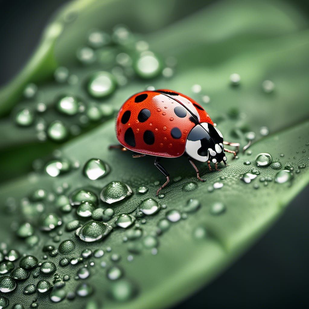 Hyperrealistic Ladybug with Water Droplets on Leaf