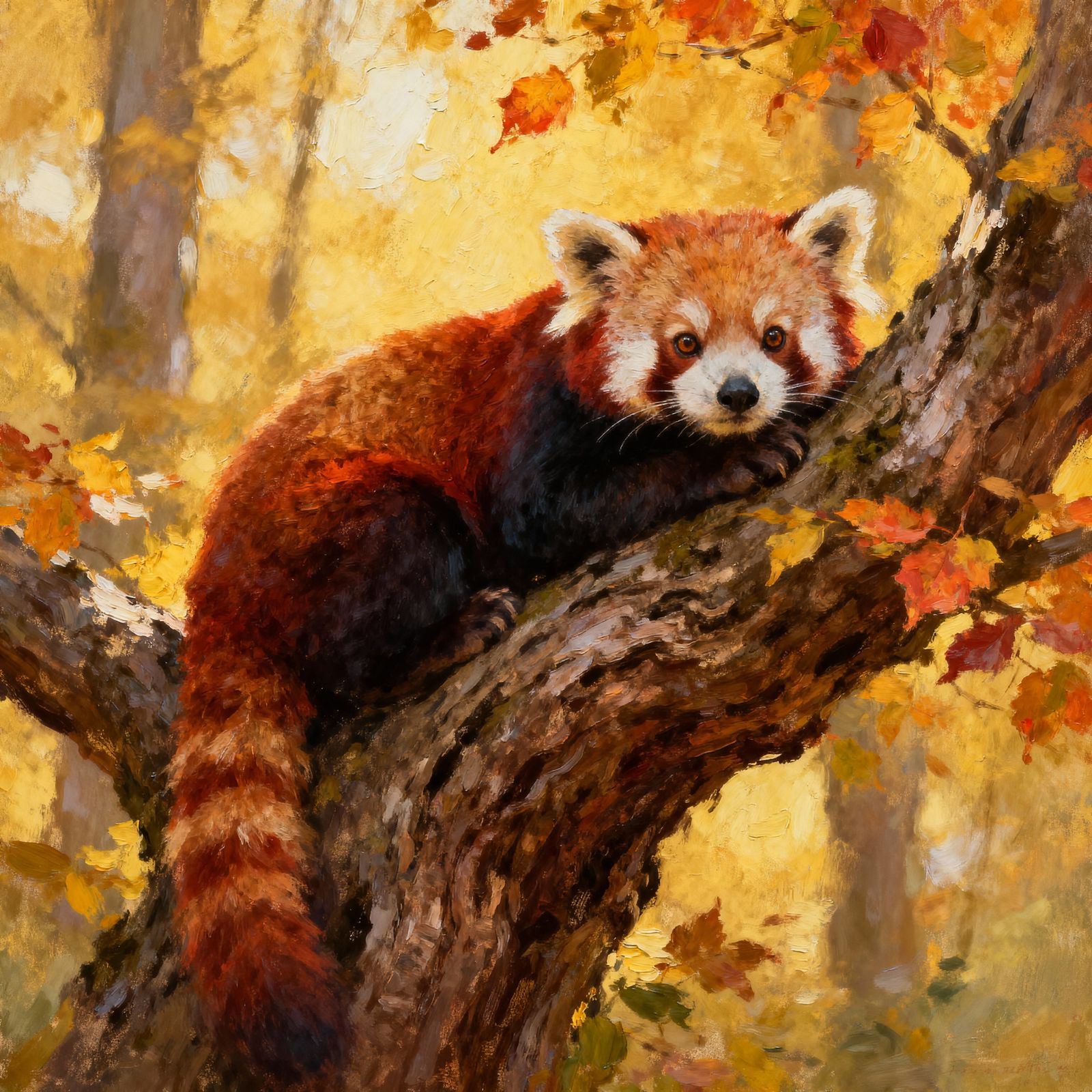 Red Panda Resting on Autumn Branch in Golden Light