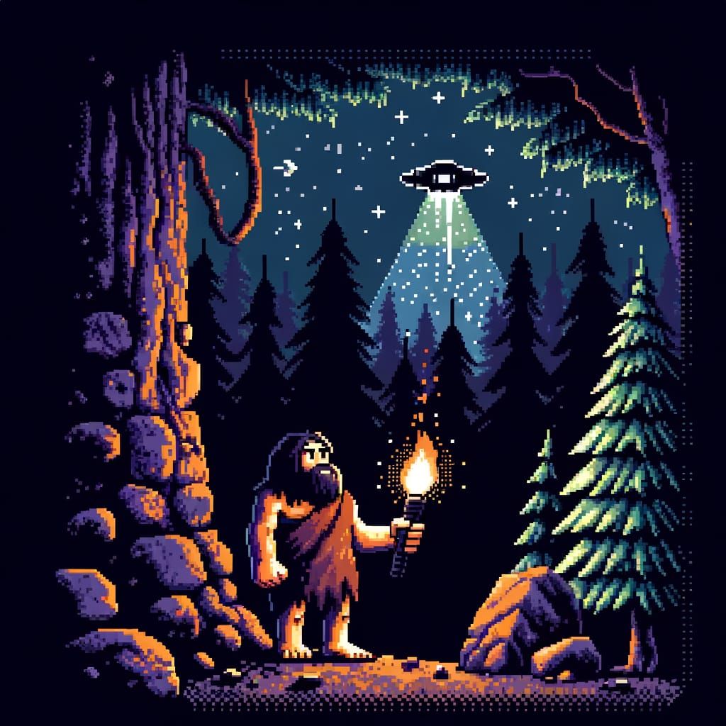 Caveman and Spaceship in 8-Bit Pixel Art
