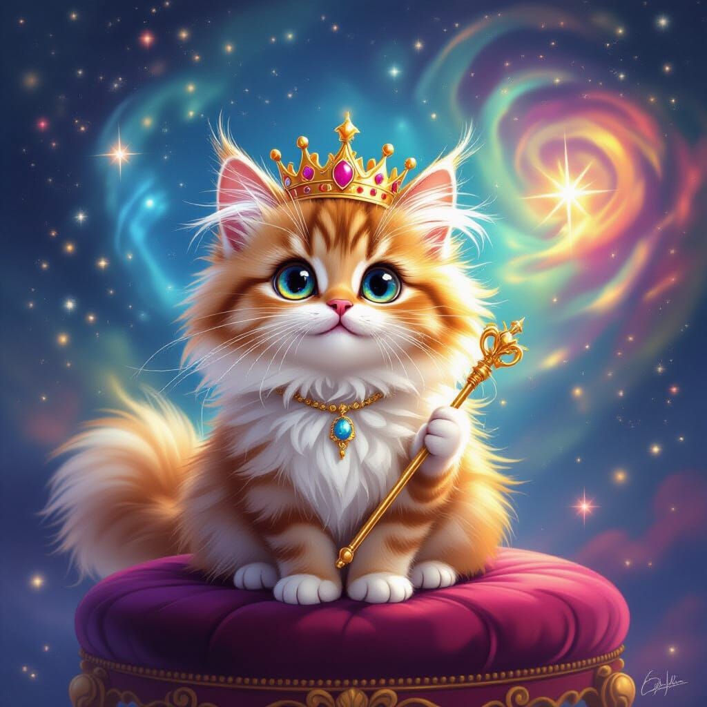 Fluffy Cat Royal Portrait in Galactic Dreamscape