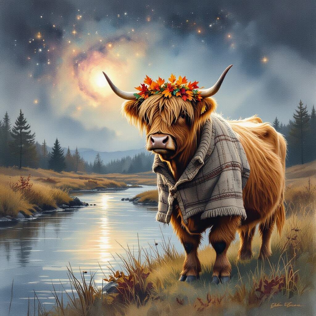 Highland Cow in Autumn Nebula Light
