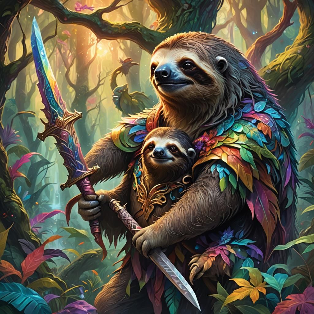 Sloth and Dragon in Mystical Forest Painting