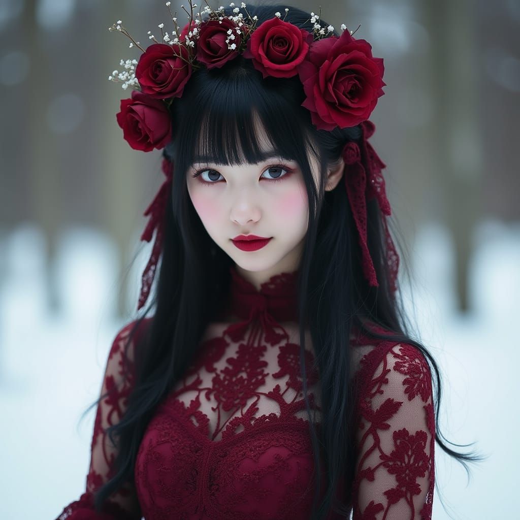 Gothic Woman in Red Lace Dress, Dark Fantasy Portrait