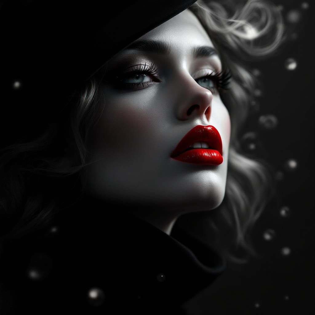 Art Noir Portrait With Ruby Lipstick and Pillbox Hat