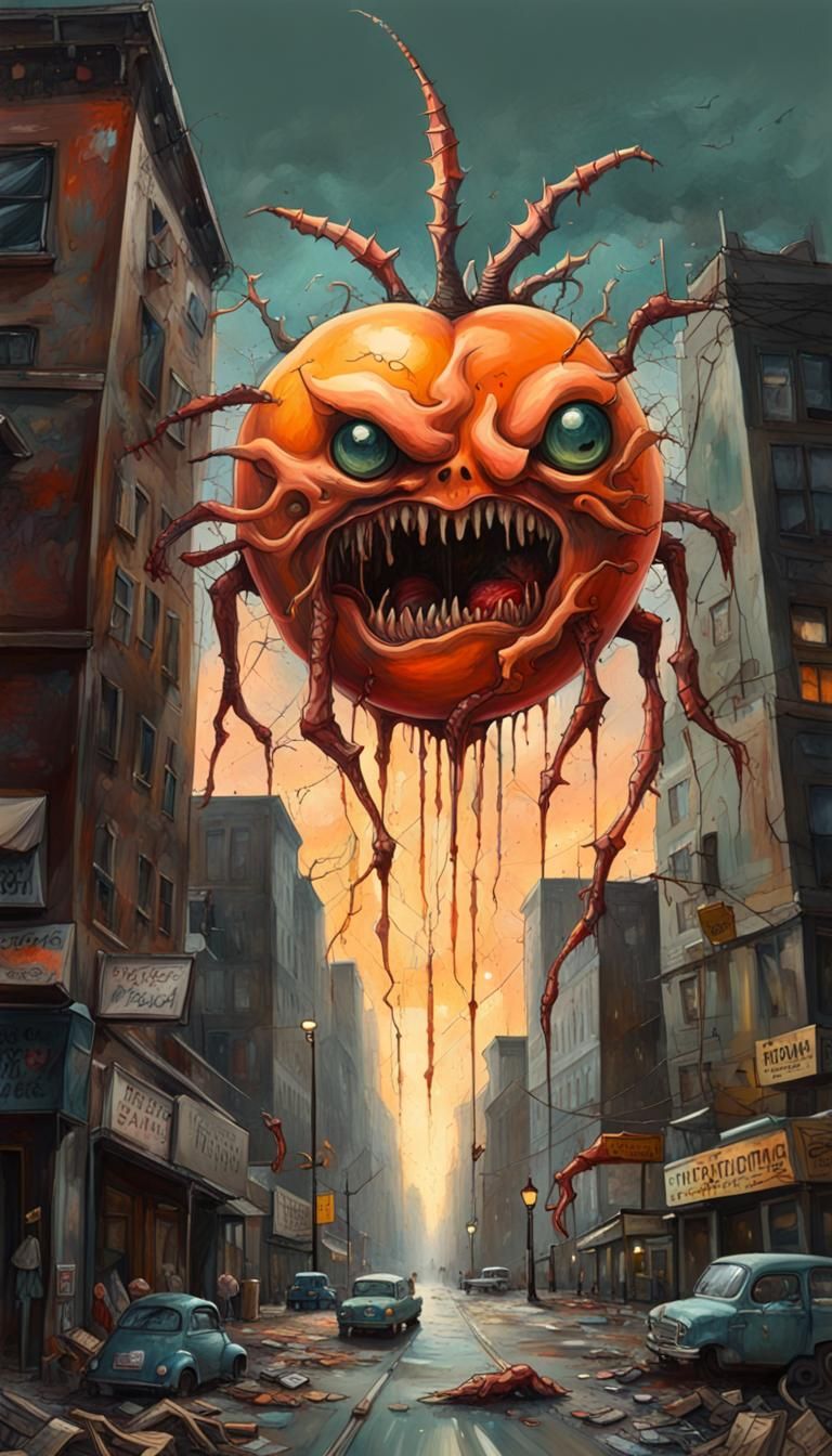 Giant Peach Zombie Invasion: Surreal Graffiti Art