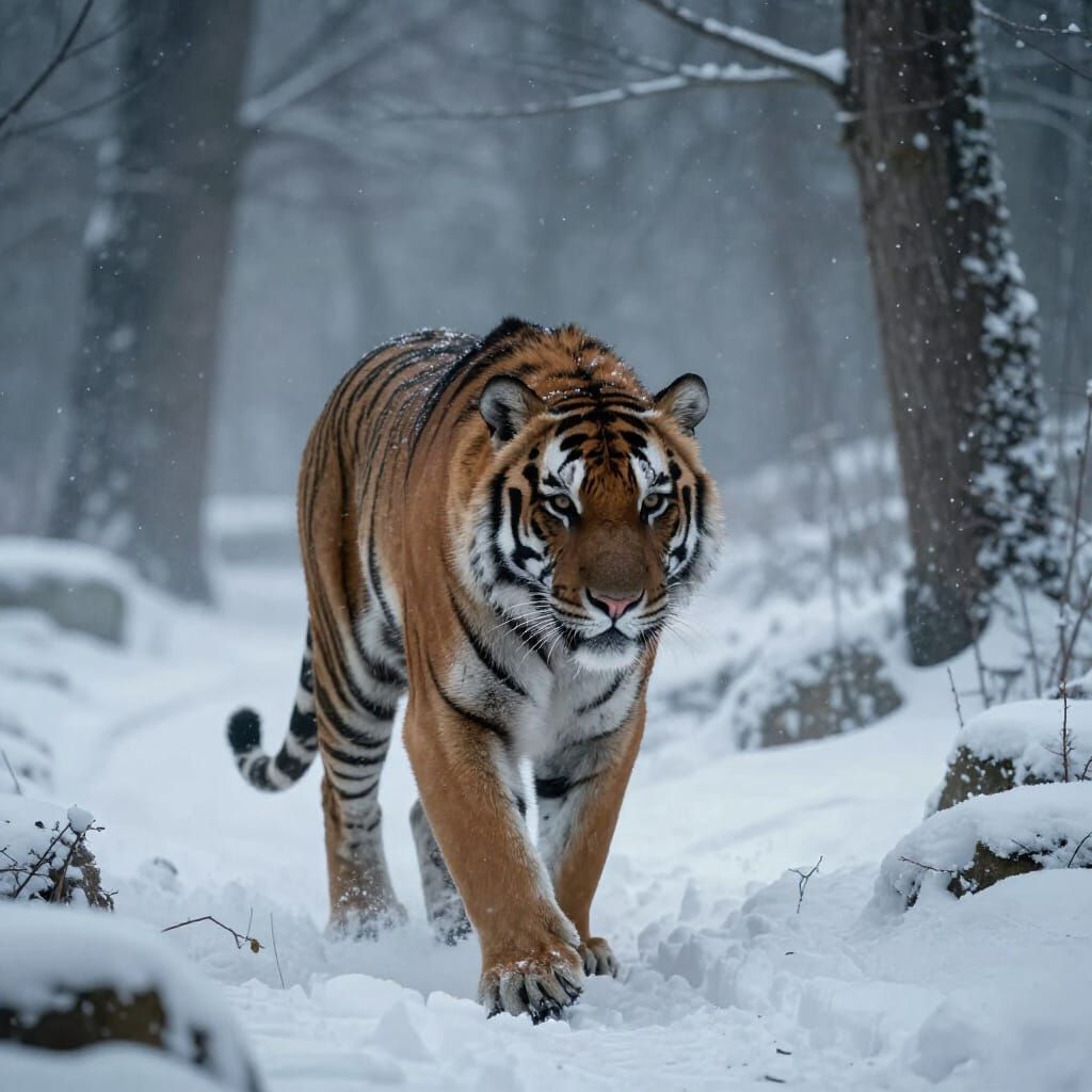 Saber-Toothed Tiger in Frozen Forest, Dramatic Arctic Atmosp...