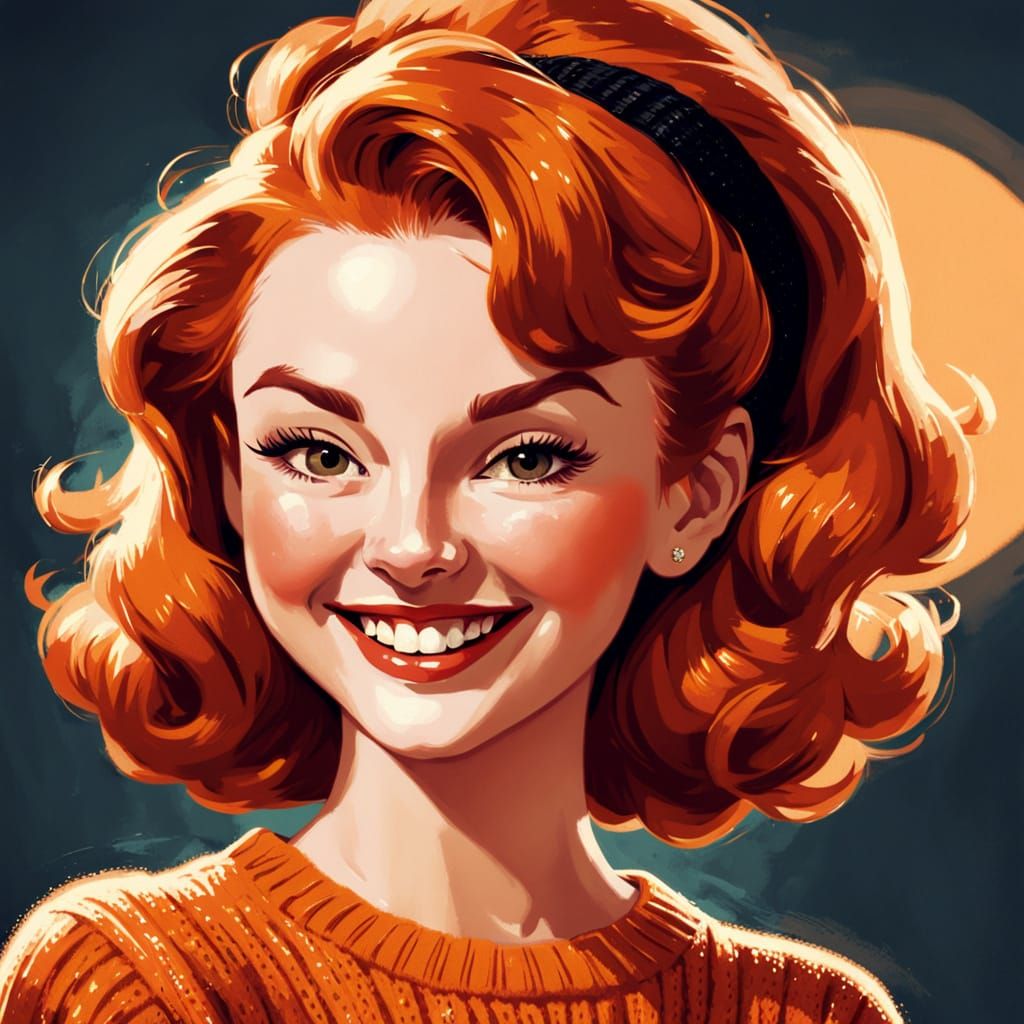 Vintage Pin-Up Art: Smiling Redhead in Orange Sweater