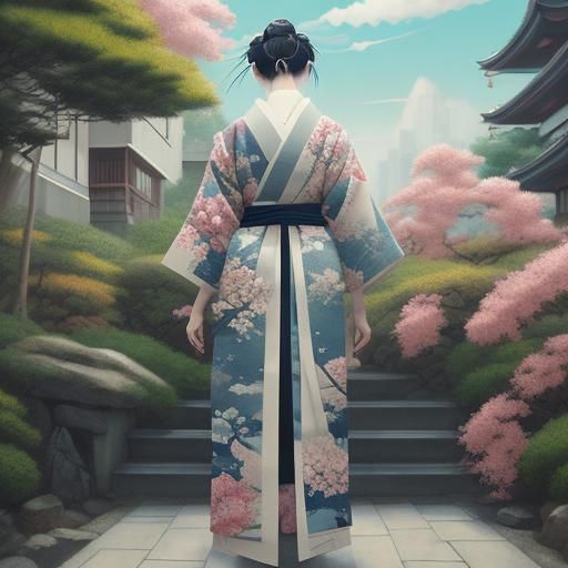 Geisha in Japanese Garden: Ukiyo-e Anime Art