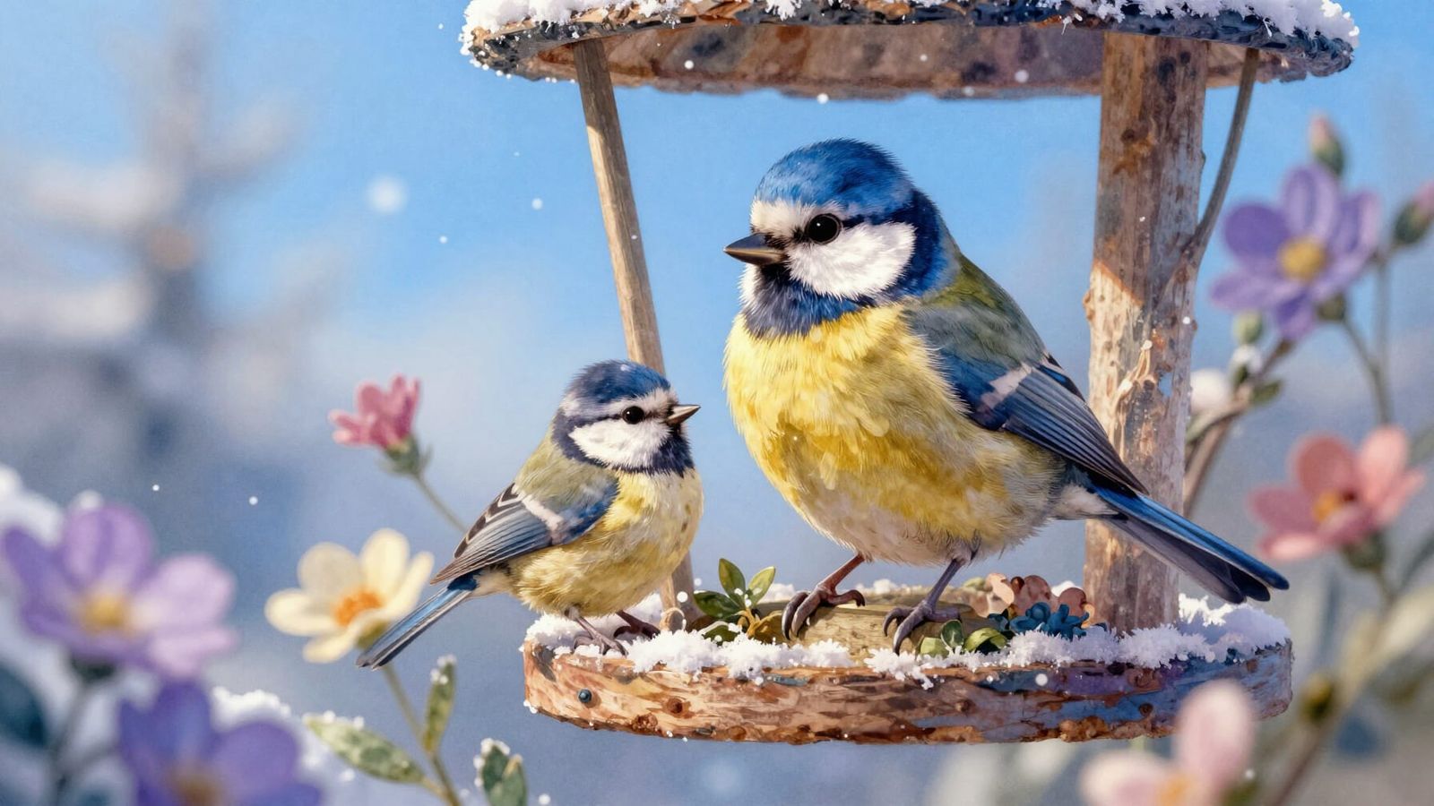 Cute Bird Feeder with Fluffy Birds in Winter Fantasy Waterco...