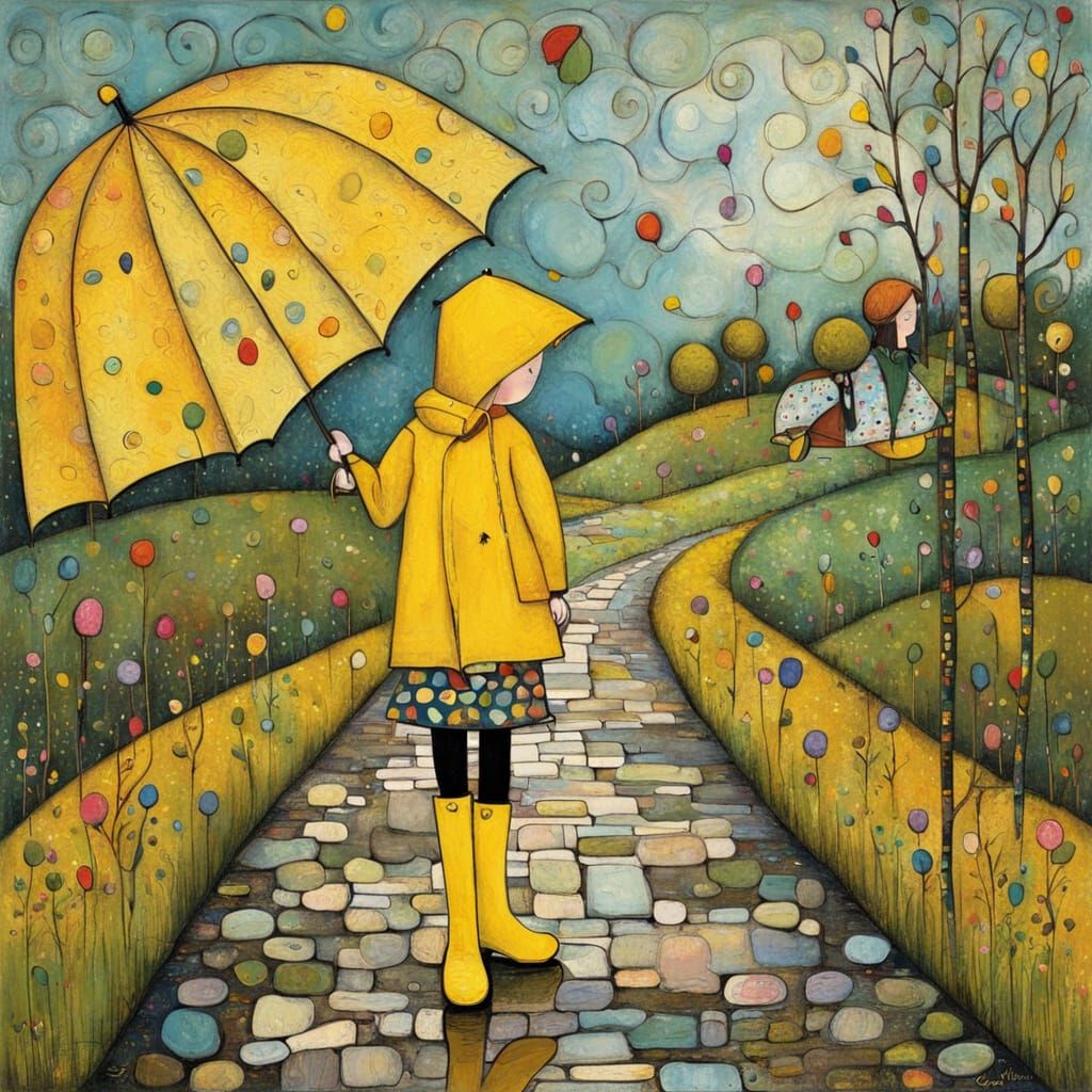 Whimsical Countryside Scene in Bright Art Brut Style