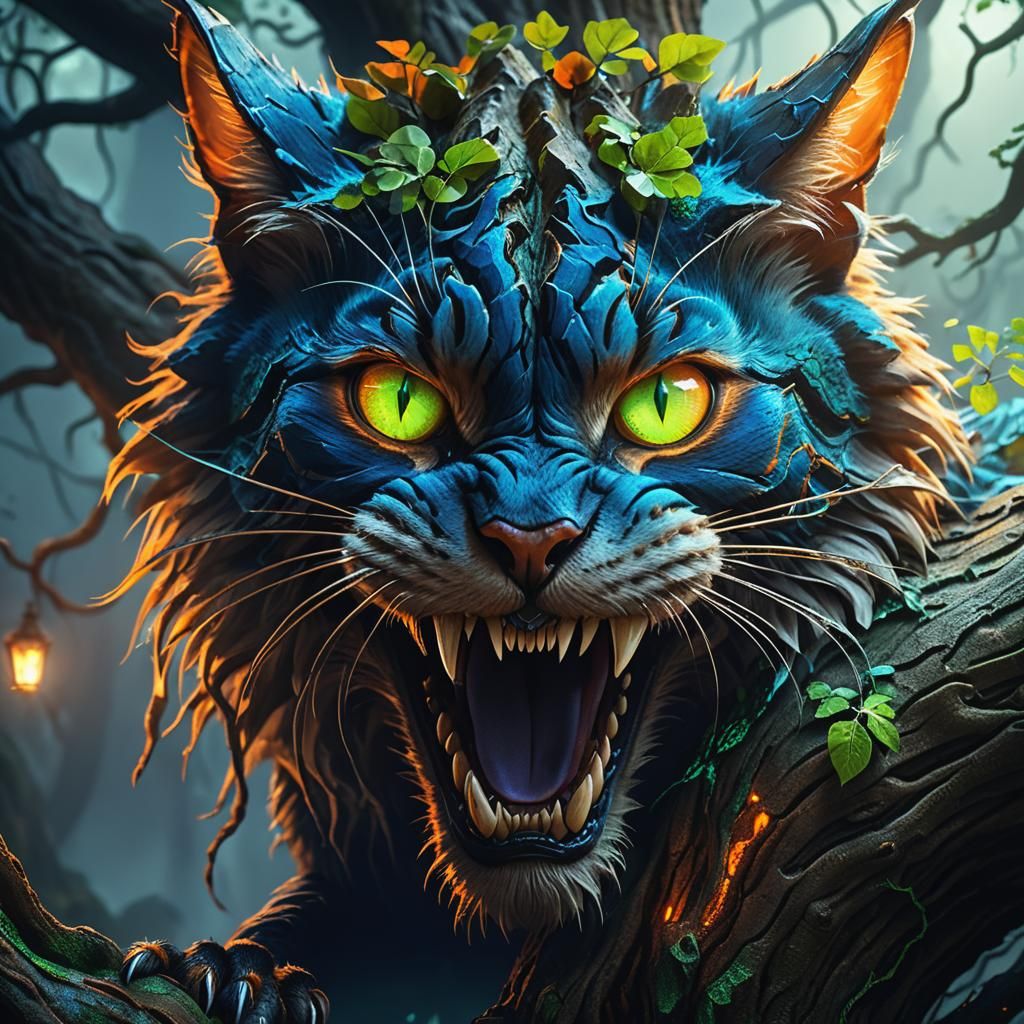 Venomous Cat on Mystical Tree Root in Fantasy Art